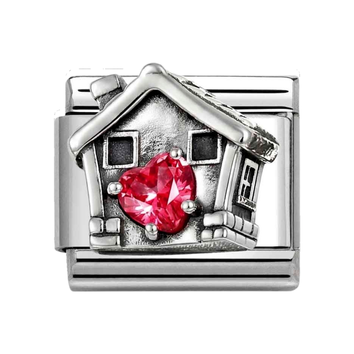 Niche Jewellery Nomination Silver Oxidised and Red Zirconia Heart House Charm