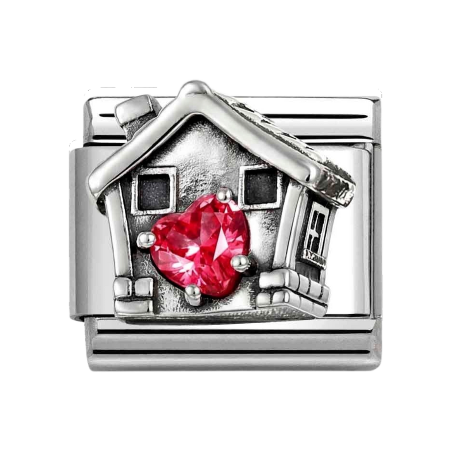 Niche Jewellery Nomination Silver Oxidised and Red Zirconia Heart House Charm