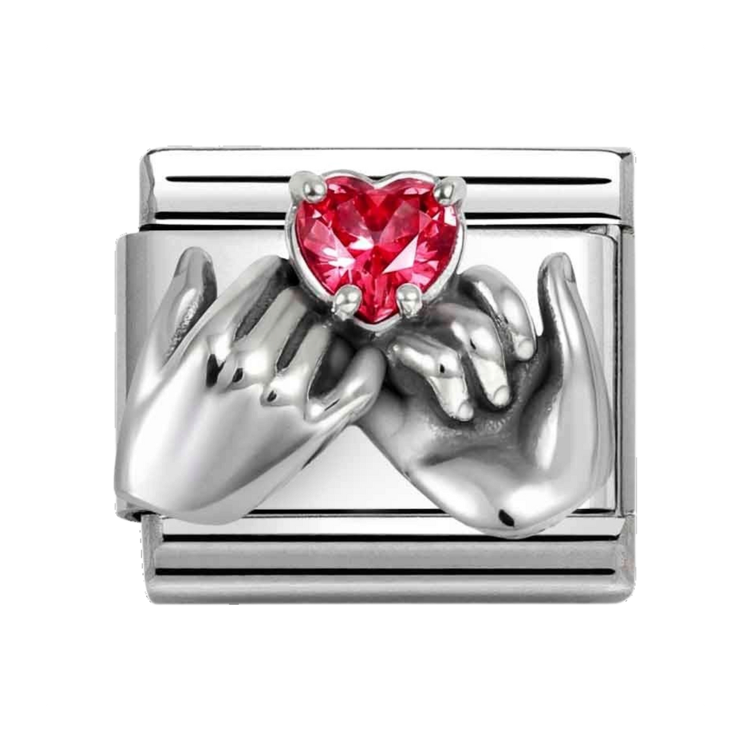 Niche Jewellery Nomination Silver Oxidised and Red Zirconia Heart Hands Charm