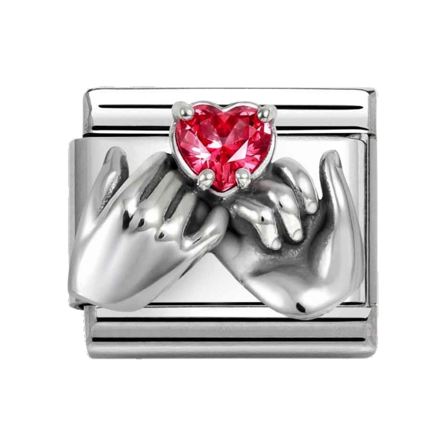 Niche Jewellery Nomination Silver Oxidised and Red Zirconia Heart Hands Charm