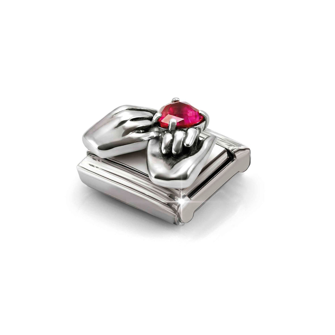 Niche Jewellery Nomination Silver Oxidised and Red Zirconia Heart Hands Charm detail