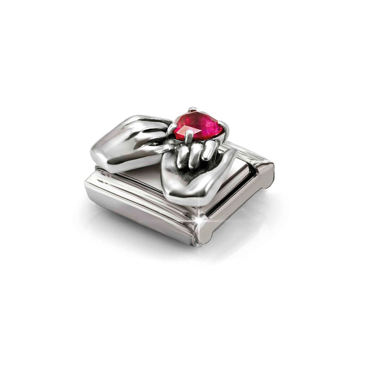 Niche Jewellery Nomination Silver Oxidised and Red Zirconia Heart Hands Charm detail