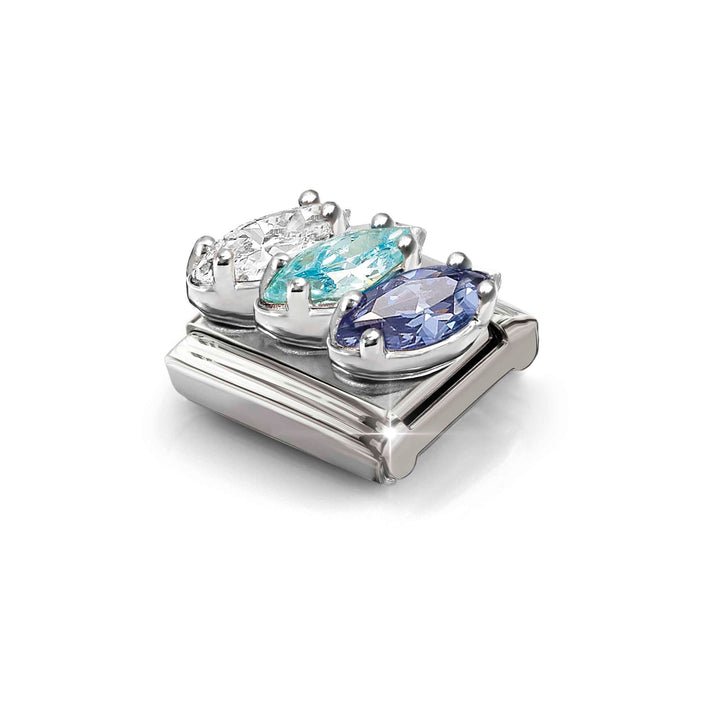 Niche Jewellery Nomination Silver Blue and White Trilogy Teardrop Stone Charm worn on model