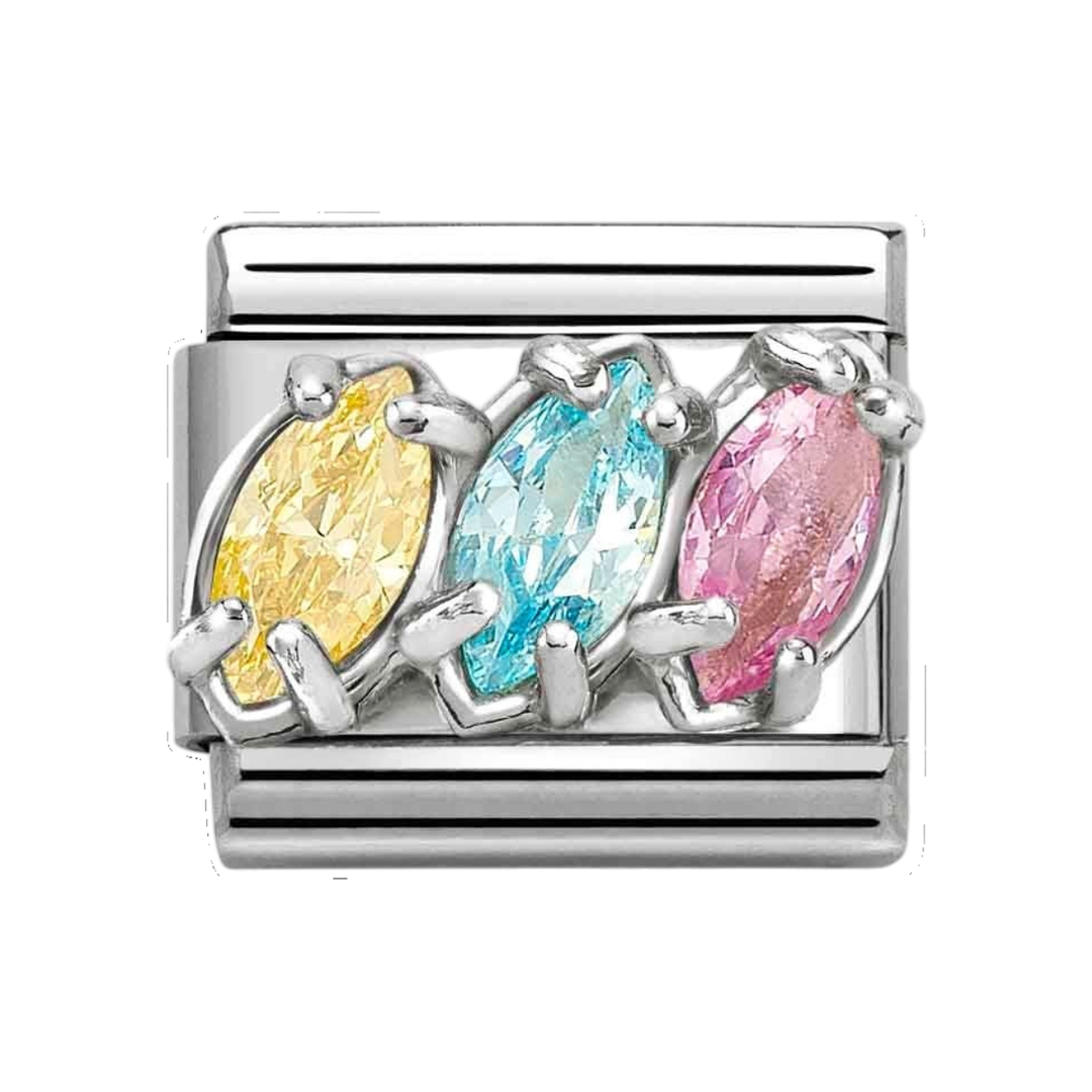 Niche Jewellery Nomination Silver Yellow Blue and Pink Trilogy Teardrop Stone Charm