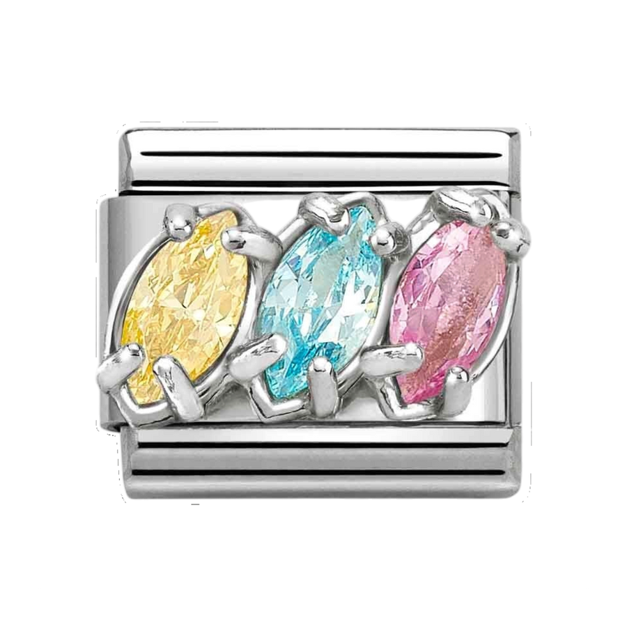 Niche Jewellery Nomination Silver Yellow Blue and Pink Trilogy Teardrop Stone Charm