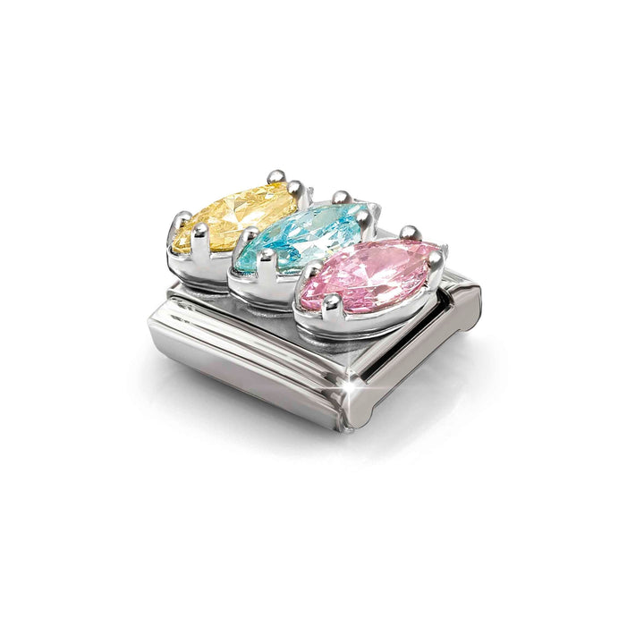 Niche Jewellery Nomination Silver Yellow Blue and Pink Trilogy Teardrop Stone Charm worn on model