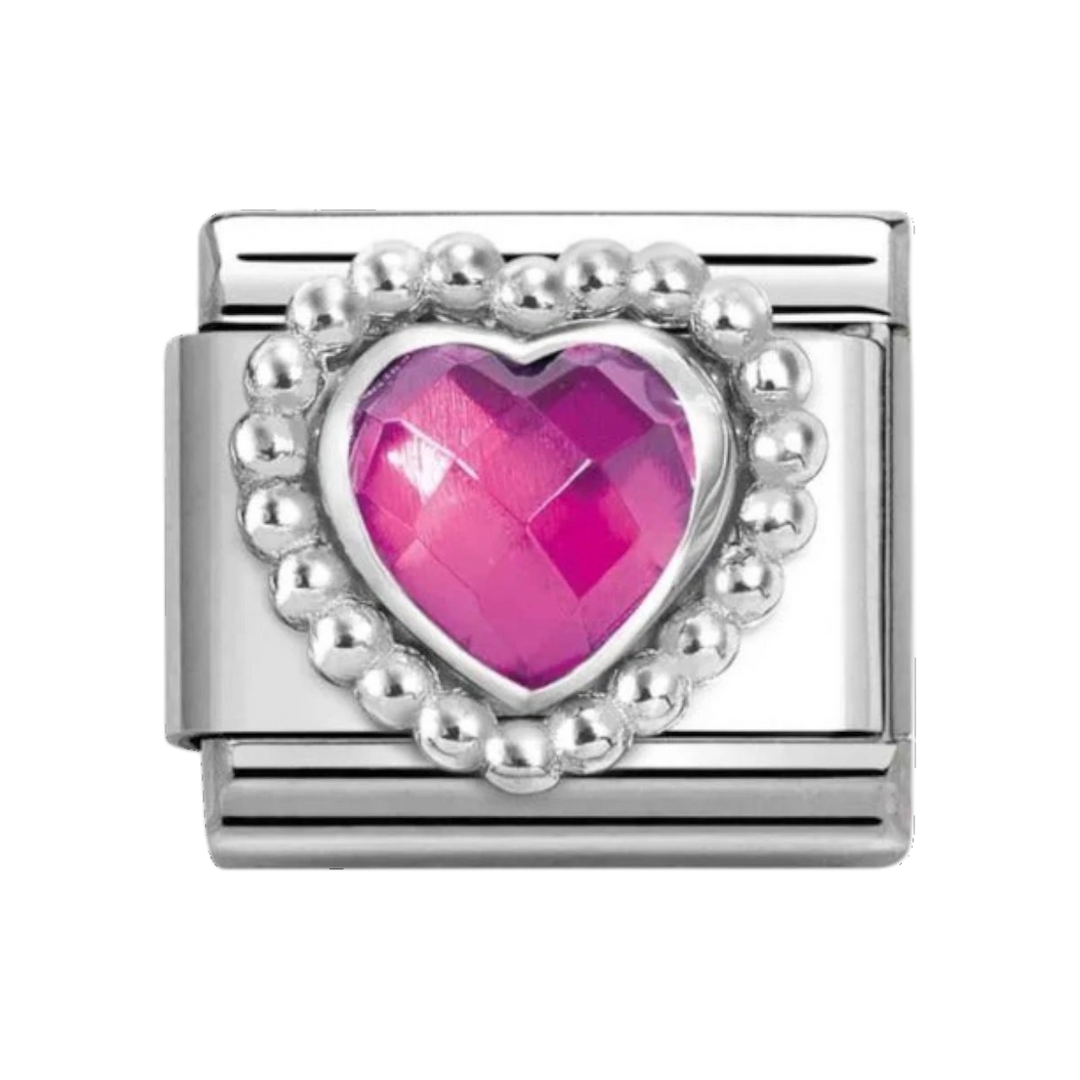 Nomination Heart Charm with Faceted Stones Rich Fuchsia Silver 330605/030