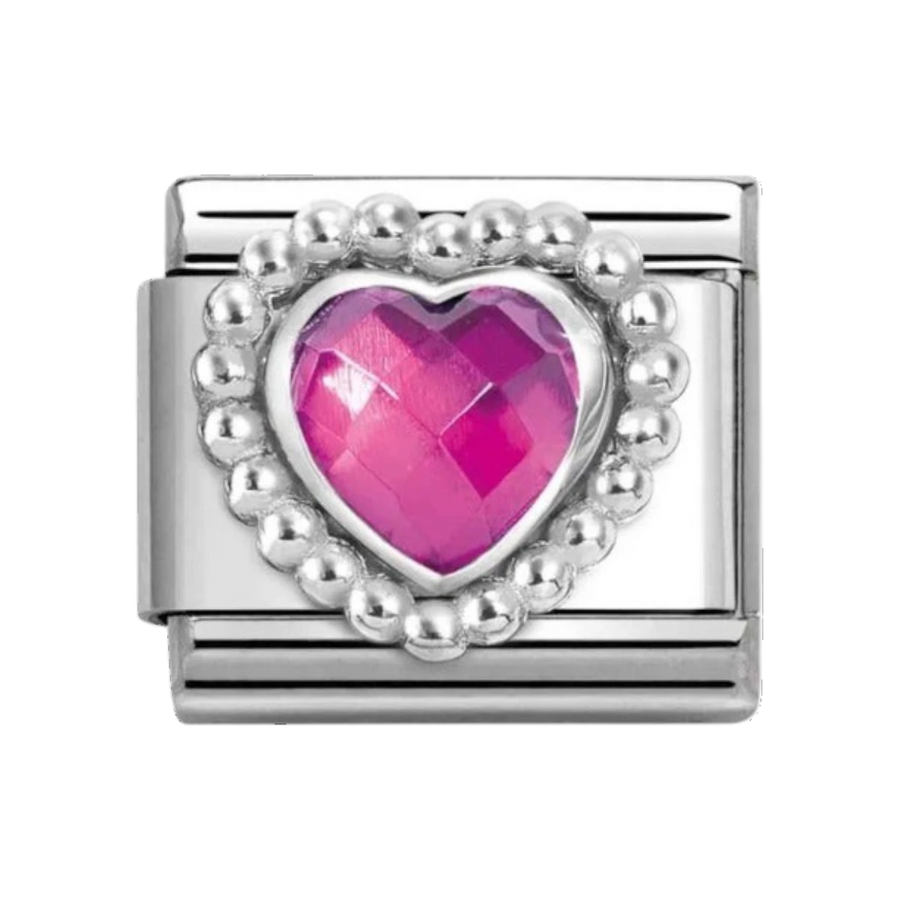 Nomination Heart Charm with Faceted Stones Rich Fuchsia Silver 330605/030