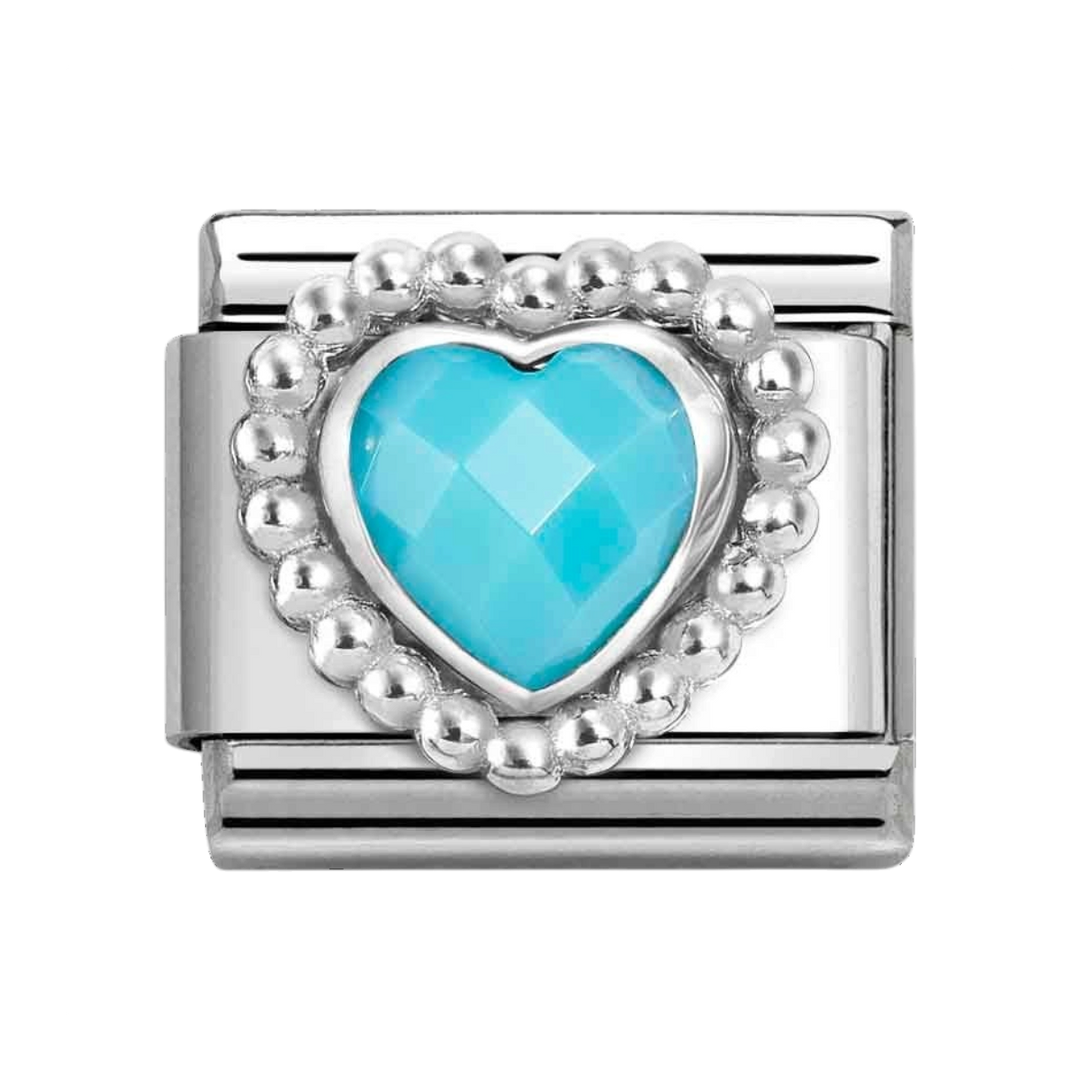 Niche Jewellery Nomination Silver Zirconia Faceted Turquoise Heart Charm Dots Border