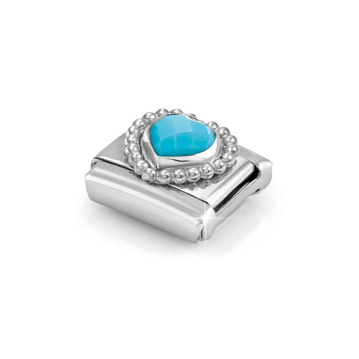 Niche Jewellery Nomination Silver Zirconia Faceted Turquoise Heart Charm Dots Border worn on model