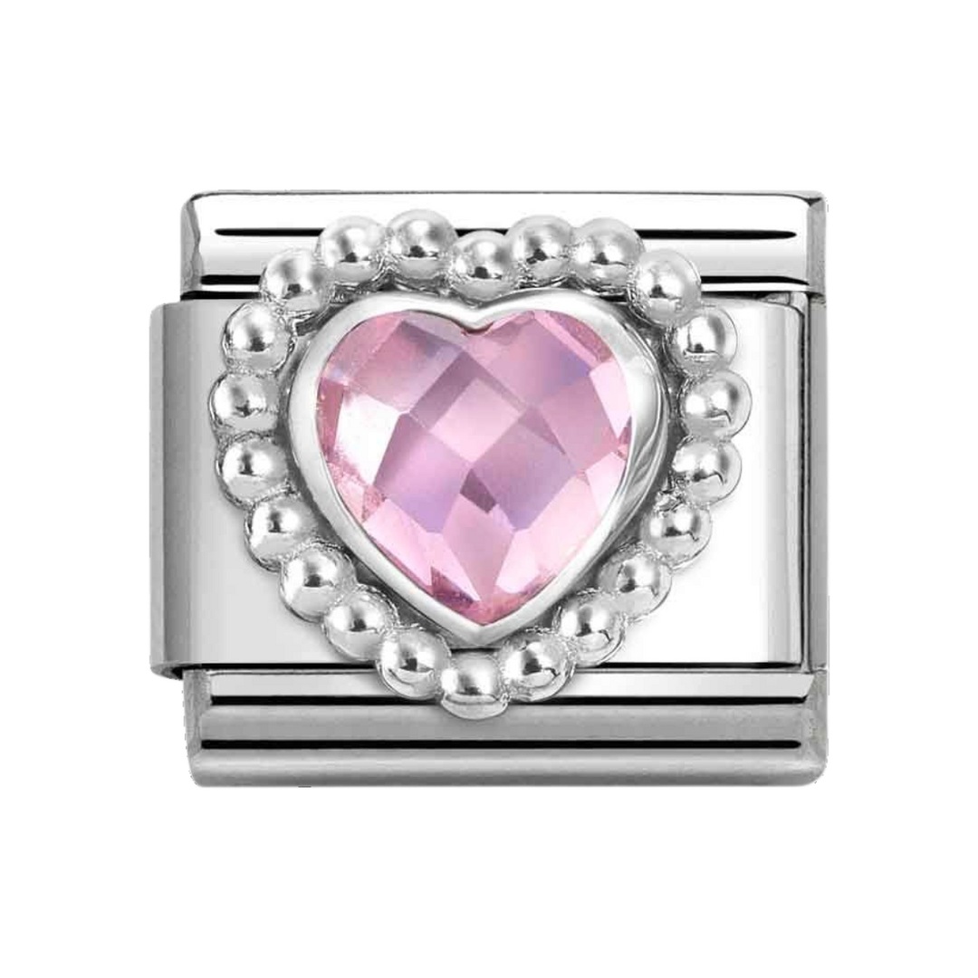 Niche Jewellery Nomination Silver Zirconia Faceted Pink Heart Charm Dots Border