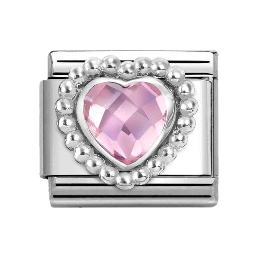 Niche Jewellery Nomination Silver Zirconia Faceted Pink Heart Charm Dots Border