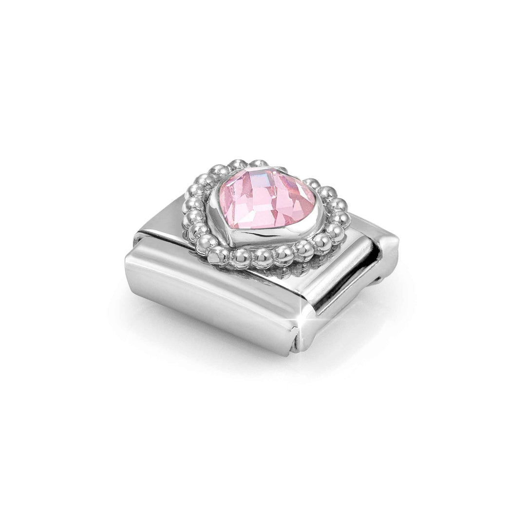 Niche Jewellery Nomination Silver Zirconia Faceted Pink Heart Charm Dots Border worn on model