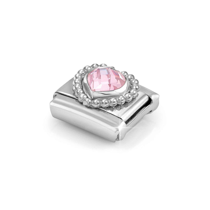Niche Jewellery Nomination Silver Zirconia Faceted Pink Heart Charm Dots Border worn on model