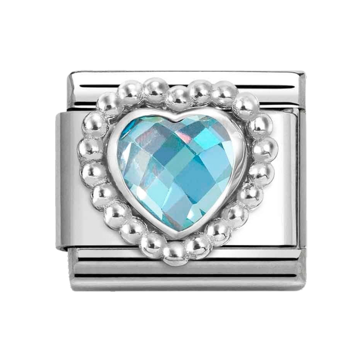 Niche Jewellery Nomination Silver Zirconia Faceted Light Blue Heart Charm Dots Border