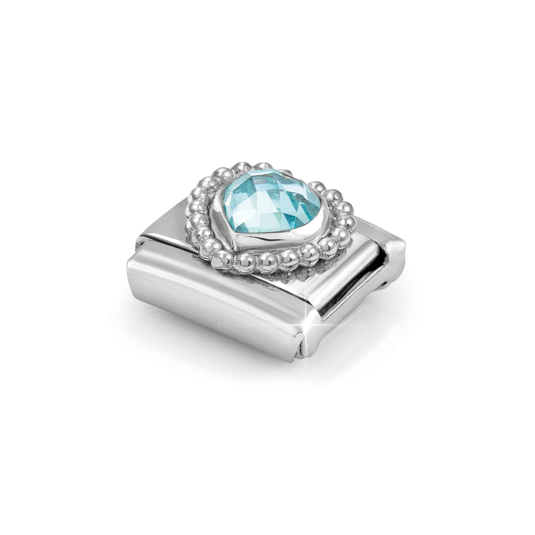 Niche Jewellery Nomination Silver Zirconia Faceted Light Blue Heart Charm Dots Border worn on model