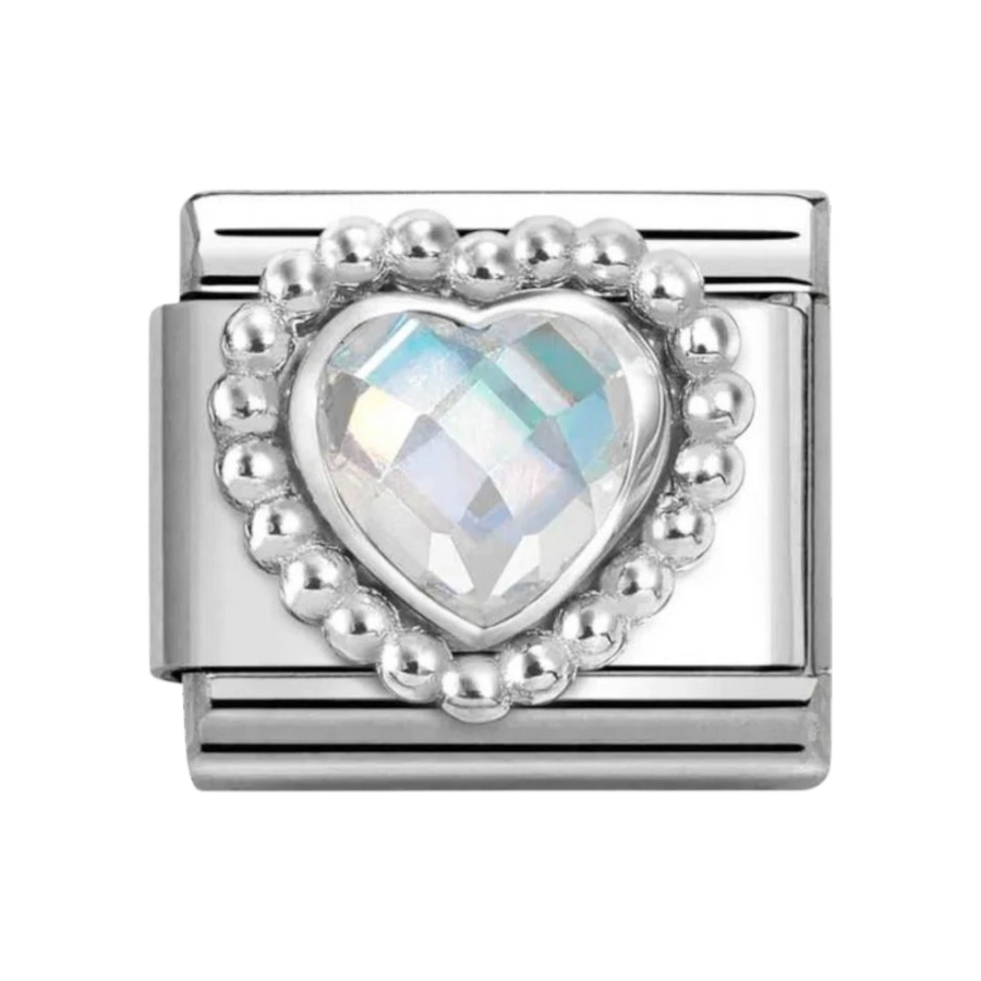 Nomination Classic Silver Zirconia Faceted White Heart Charm Dots Border. Item code 330606/010