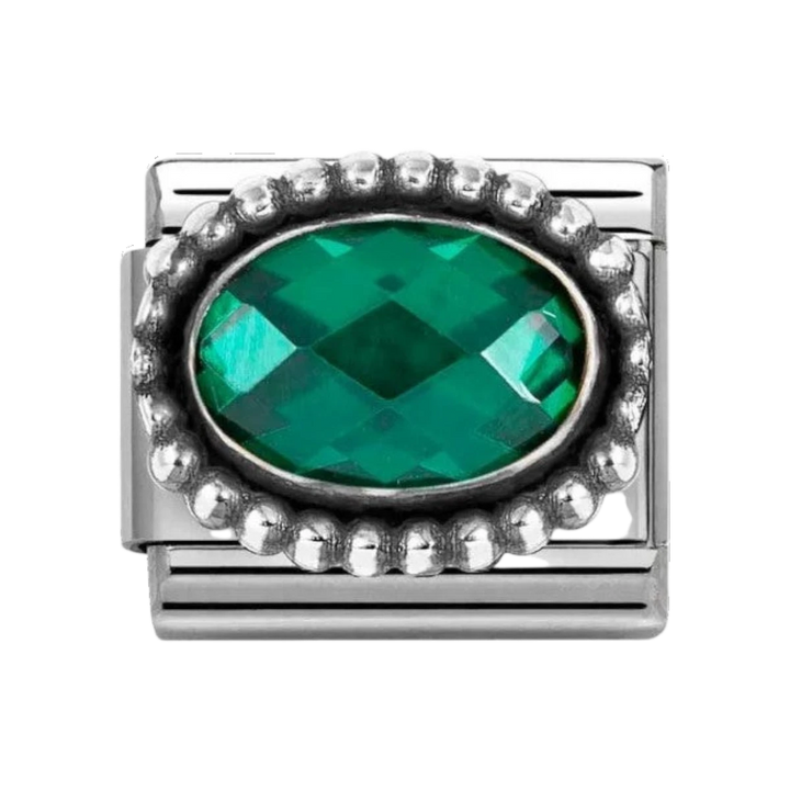 Nomination Classic Silver Faceted Zirconia Beaded Oval Charm  - Emerald Green 330607/027