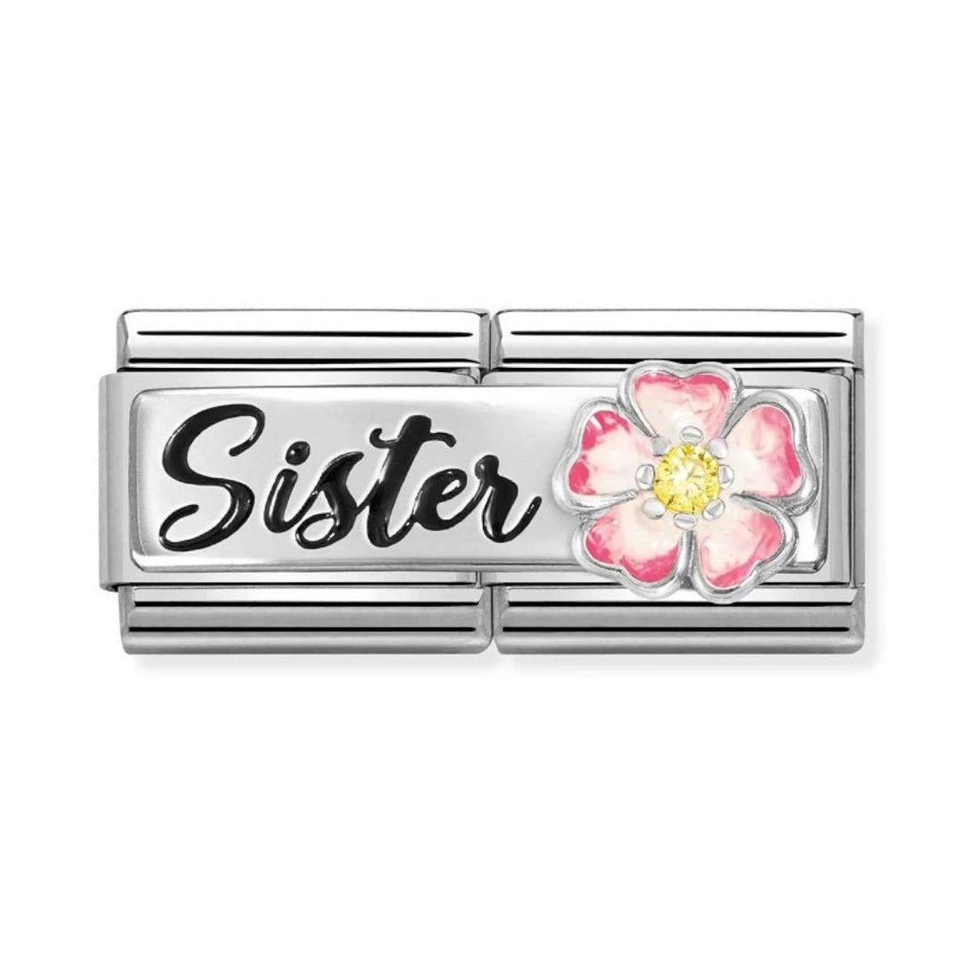 Nomination Silver Double Link Sister with Pink Flower Charm