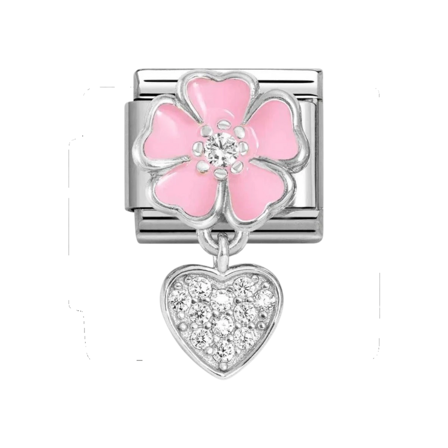 Nomination Classic Silver and Pink Enamel Flower with Zirconia Heart Drop Charm 331814/01