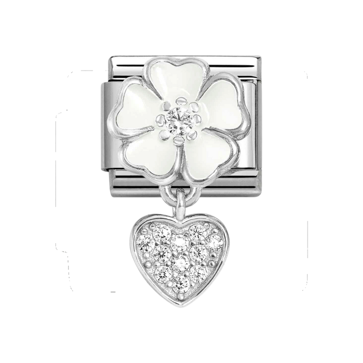 Niche Jewellery Nomination Silver Enamel and Zirconia White Flower with Heart Charm worn on model