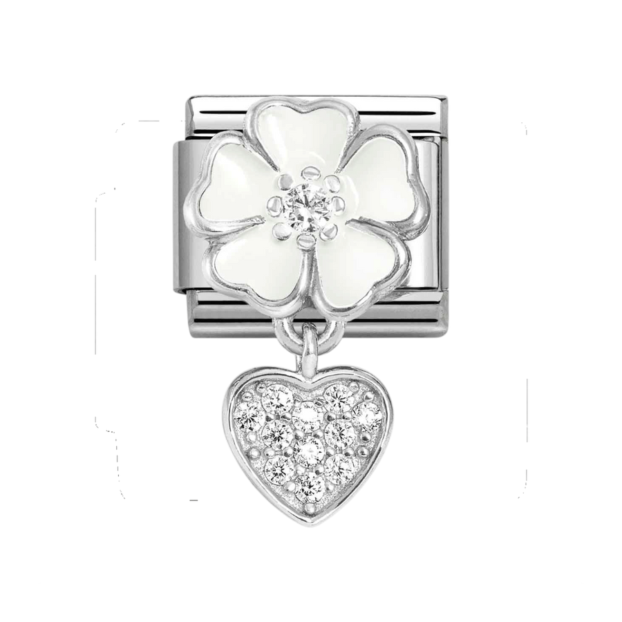 Niche Jewellery Nomination Silver Enamel and Zirconia White Flower with Heart Charm worn on model