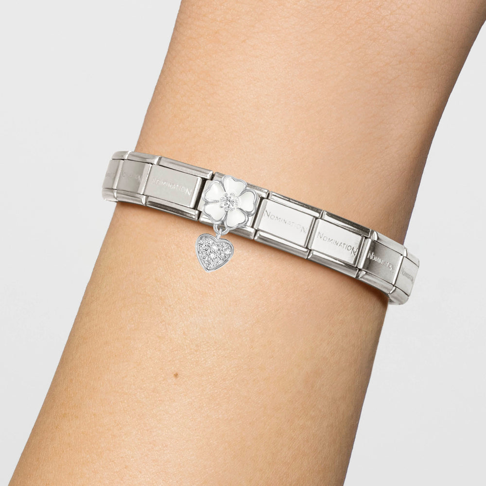 Niche Jewellery Nomination Silver Enamel and Zirconia White Flower with Heart Charm worn on model