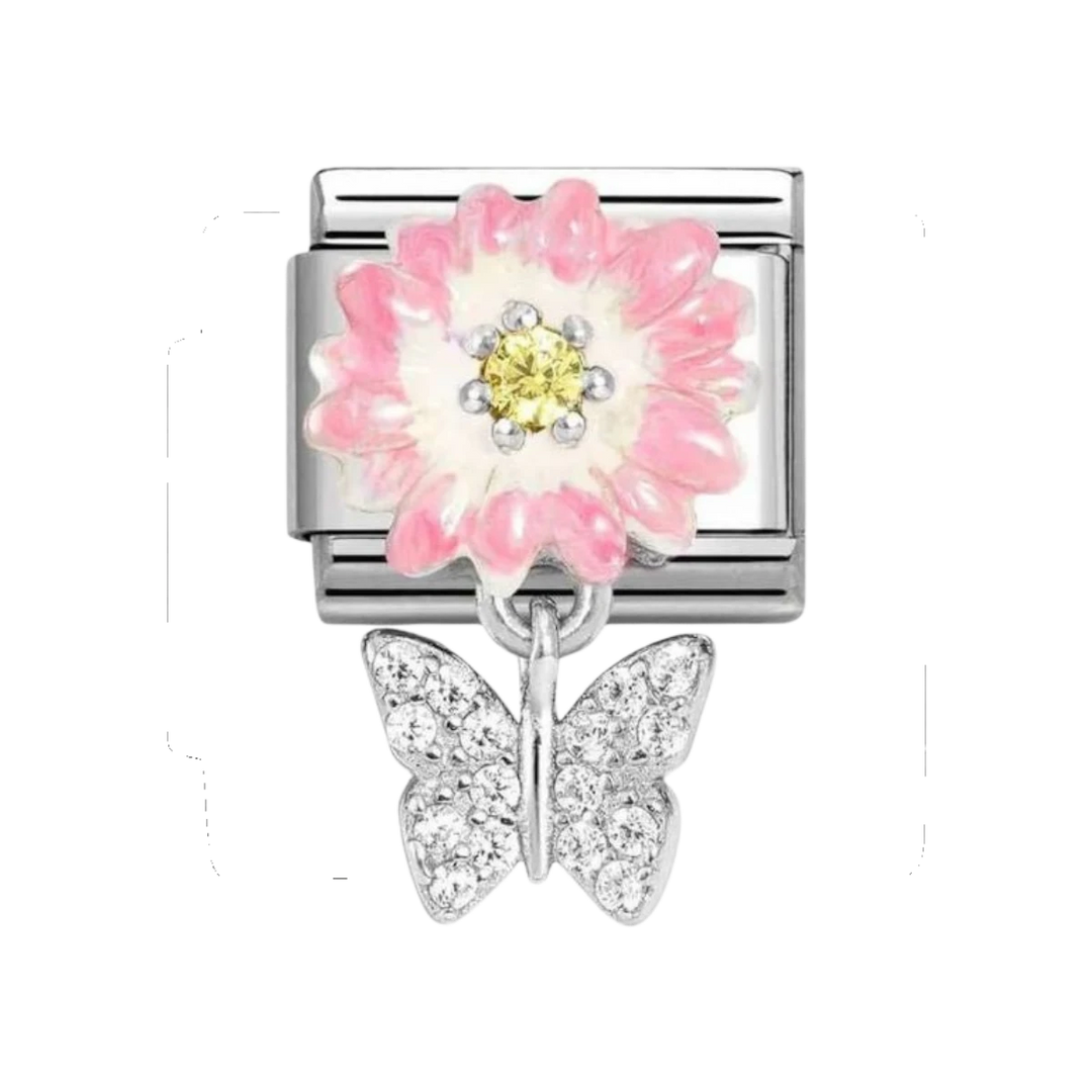 Nomination Silver Pink Enamel Daisy with Zirconia Butterfly Drop Charm. Item Code 331814/08