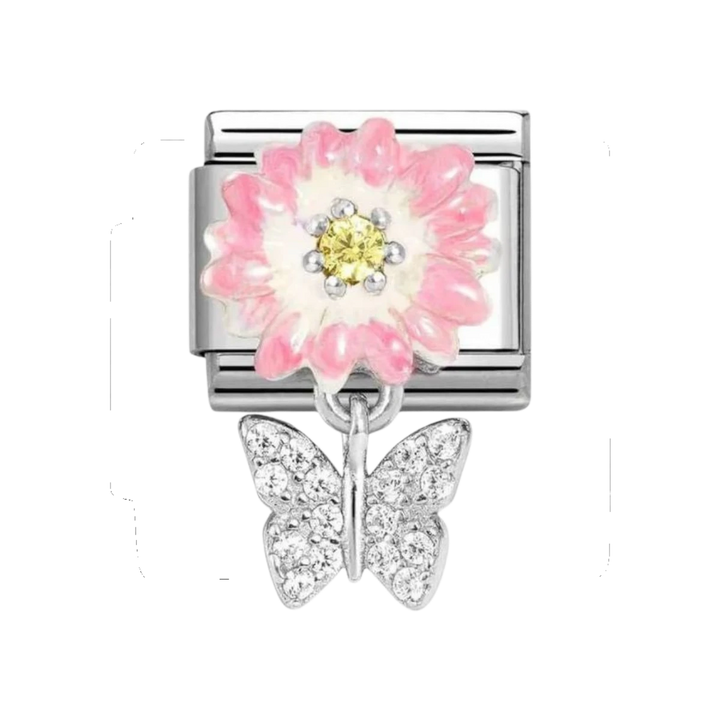 Nomination Silver Pink Enamel Daisy with Zirconia Butterfly Drop Charm. Item Code 331814/08
