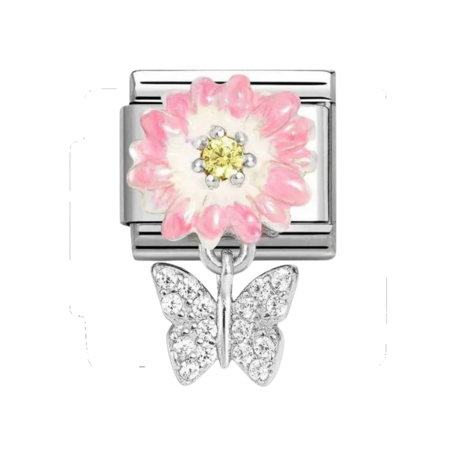 Nomination Silver Pink Enamel Daisy with Zirconia Butterfly Drop Charm. Item Code 331814/08