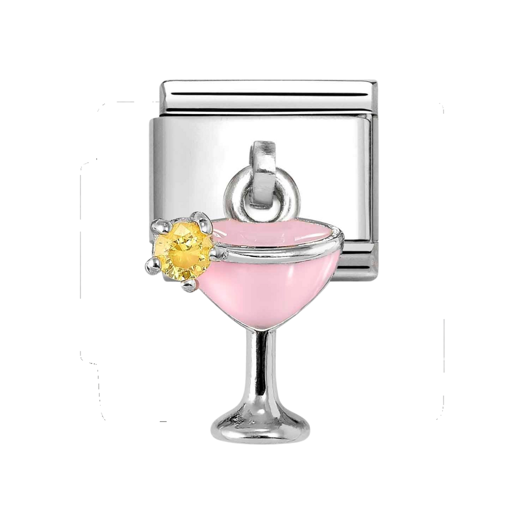 Niche Jewellery Nomination Silver Zirconia Enamel Pink and Yellow Cocktail Glass Drop Charm