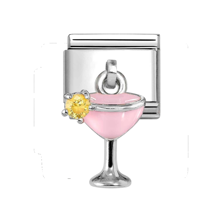 Niche Jewellery Nomination Silver Zirconia Enamel Pink and Yellow Cocktail Glass Drop Charm