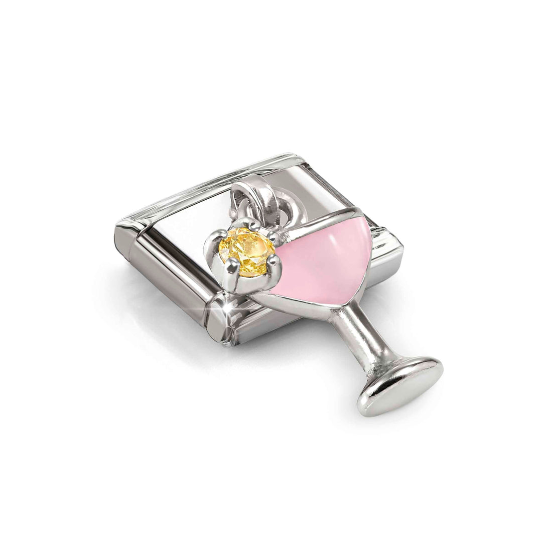 Niche Jewellery Nomination Silver Zirconia Enamel Pink and Yellow Cocktail Glass Drop Charm worn on model