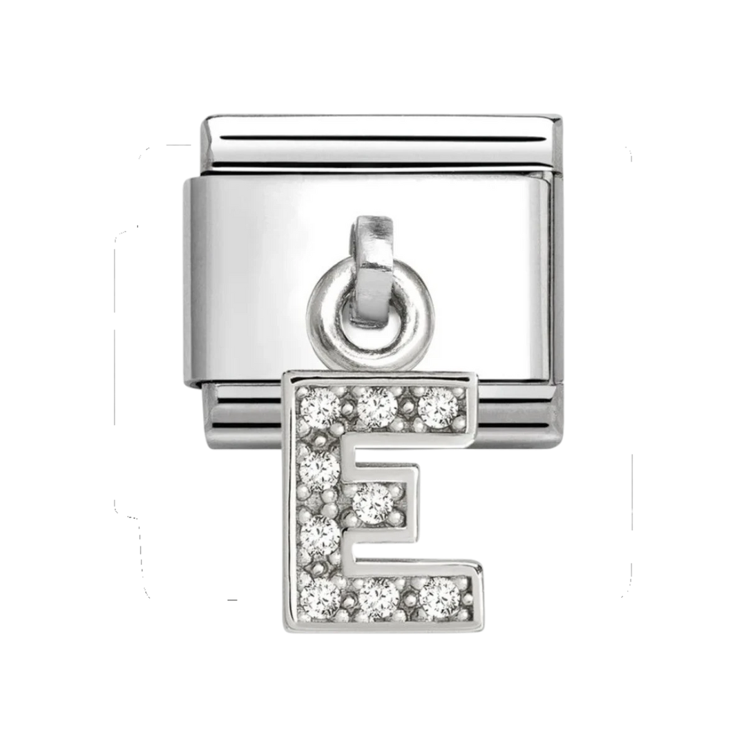 Nomination Classic Silver and Zirconia Letter E Drop Charm. Item code 331818/05