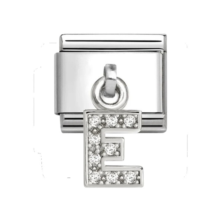 Nomination Classic Silver and Zirconia Letter E Drop Charm. Item code 331818/05