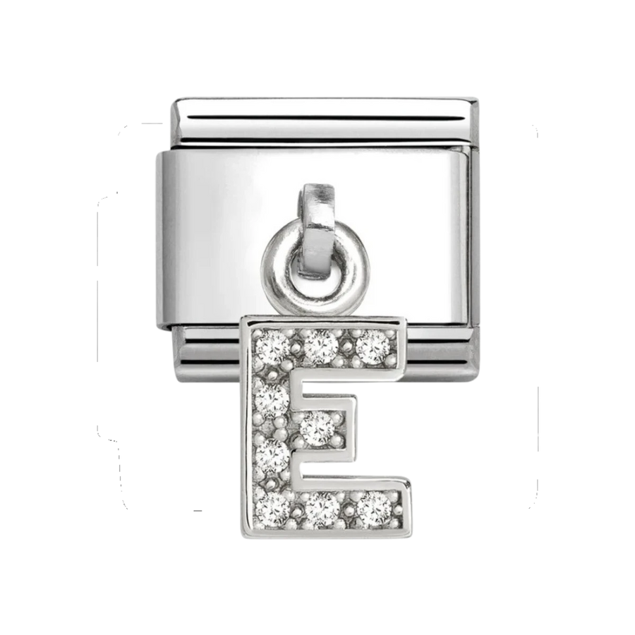Nomination Classic Silver and Zirconia Letter E Drop Charm. Item code 331818/05