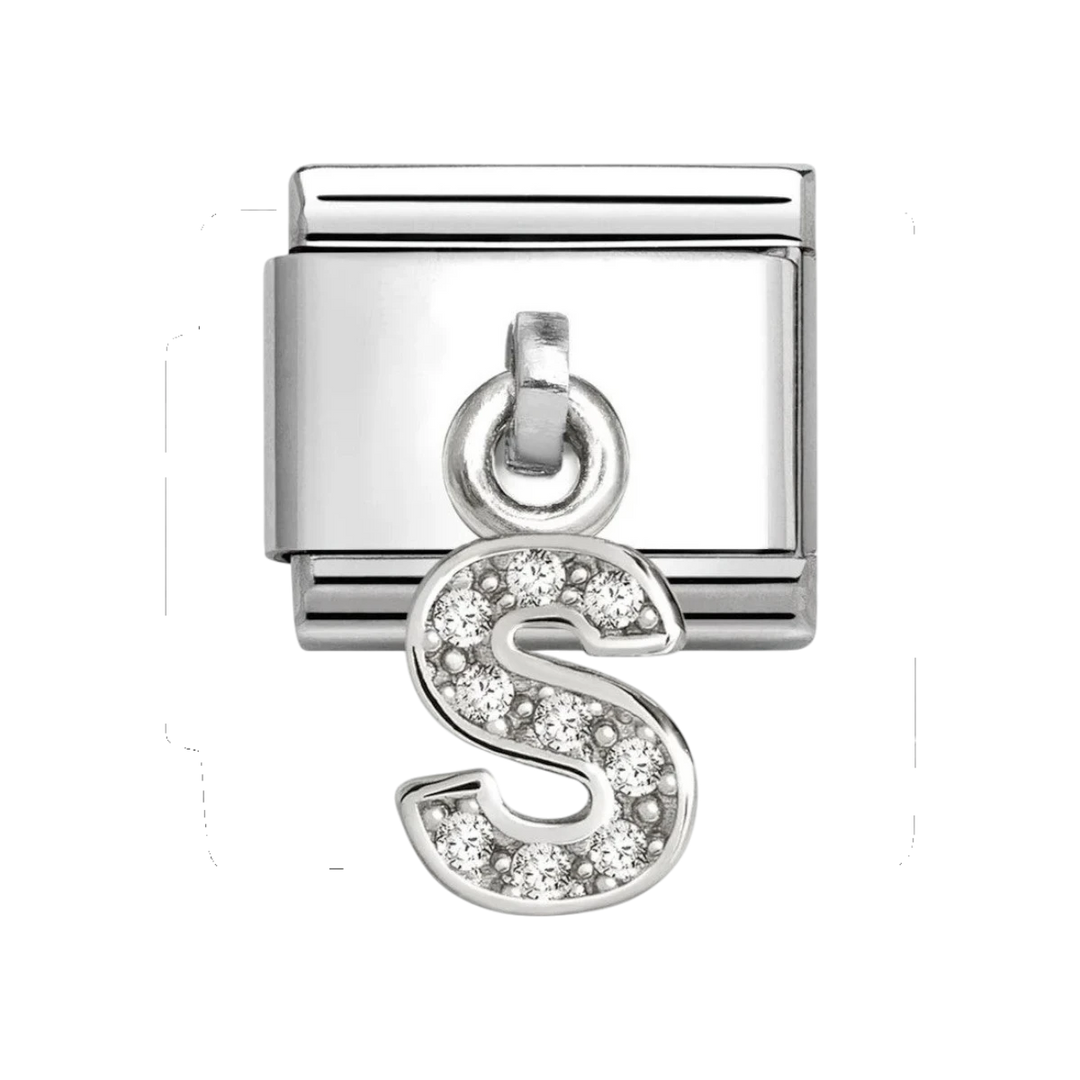Nomination Classic Silver and Zirconia Letter S Drop Charm. Item code 331818/19