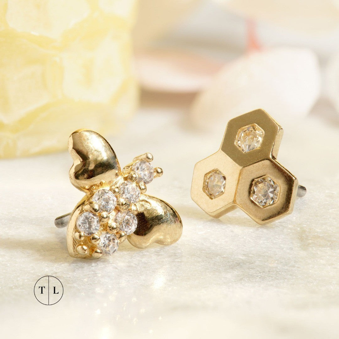 Tish Lyon 14ct Yellow Gold Bee with Gem Body Threadless Labret Single Earring