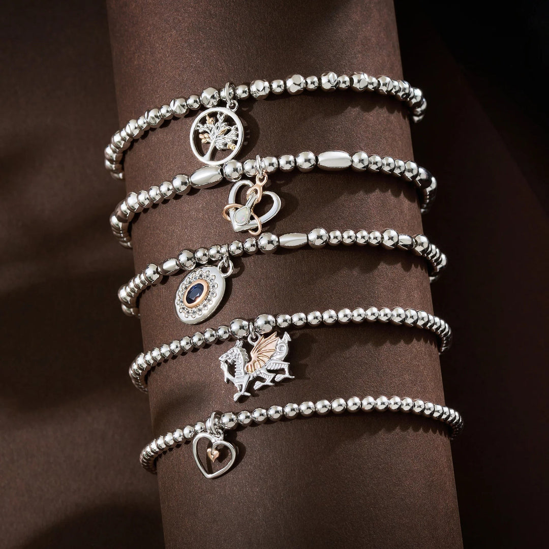 Niche Jewellery: Clogau Sterling silver beaded bracelet with rose gold Tree of Life charm, symbolizing growth and connection.