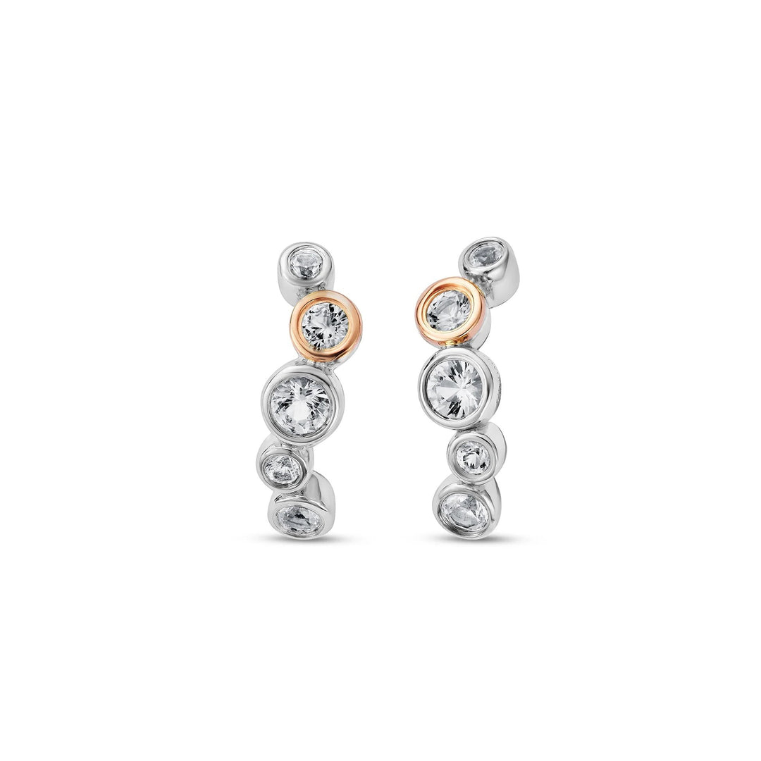 Niche Jewellery: Clogau Sterling silver curved stud earrings with white topaz and rose gold accents. Bubble design.
