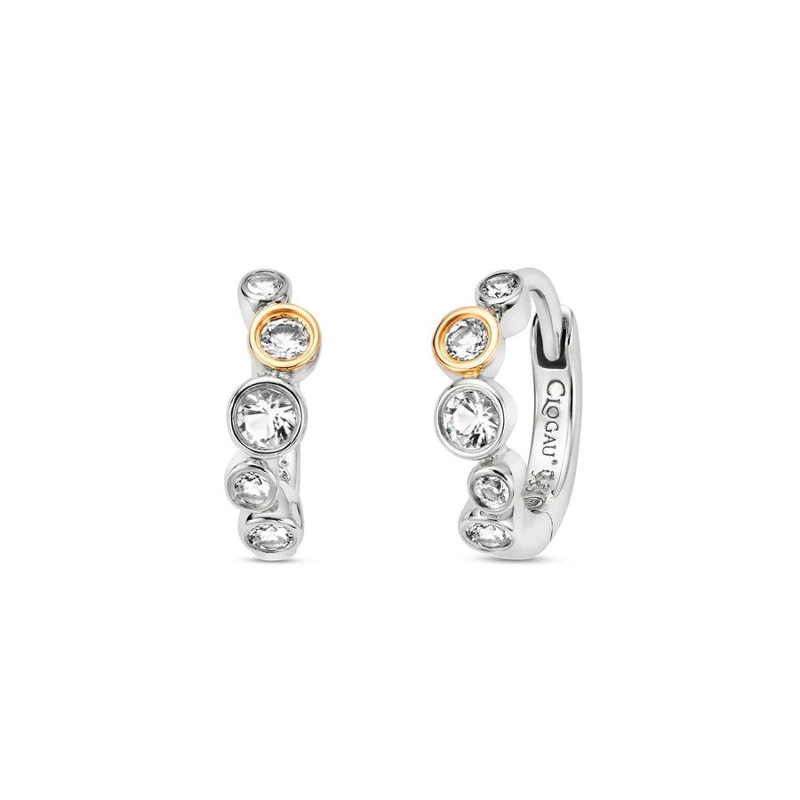Niche Jewellery: Clogau Sterling silver huggie hoop earrings with rose gold accents and white topaz stones, inspired by bubbles.