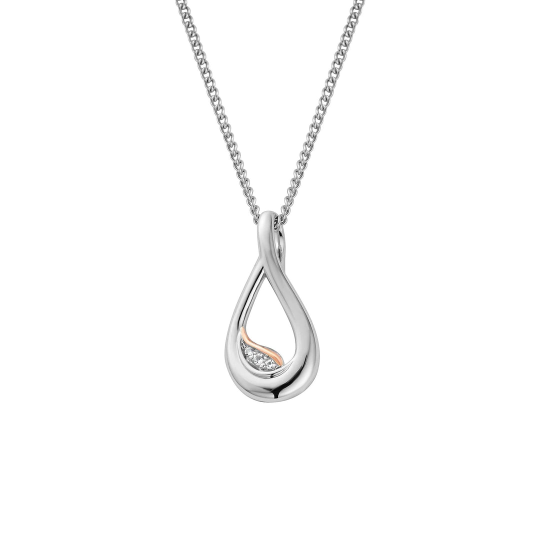 Niche Jewellery: Clogau sterling silver twist pendant with rose gold accent and white topaz stones. Adjustable chain.