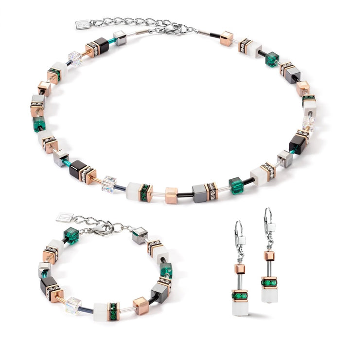 Coeur De Lion GeoCUBE Earrings - Iconic Rose Gold White and Dark Green