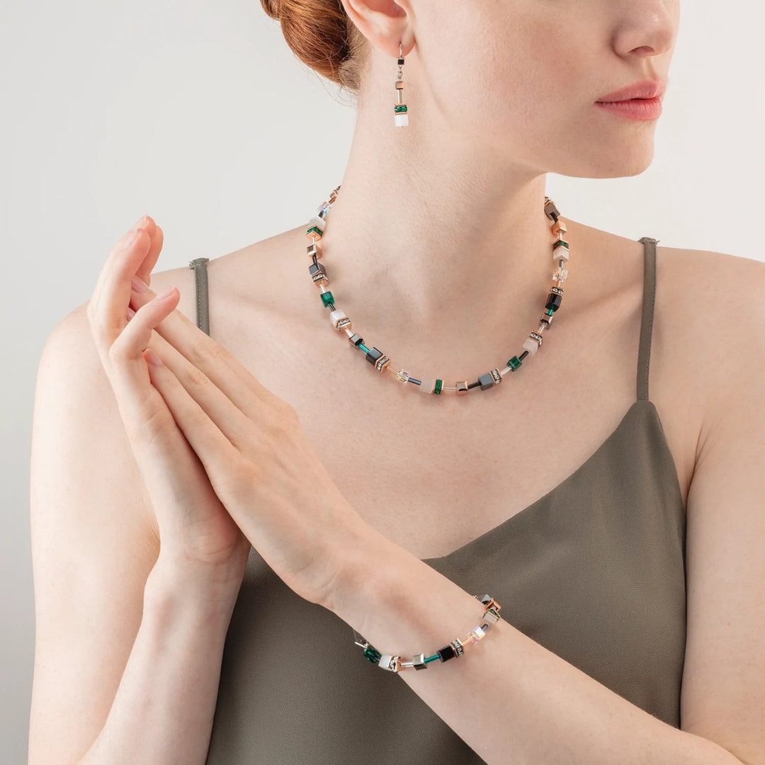 Coeur De Lion GeoCUBE Earrings - Iconic Rose Gold White and Dark Green