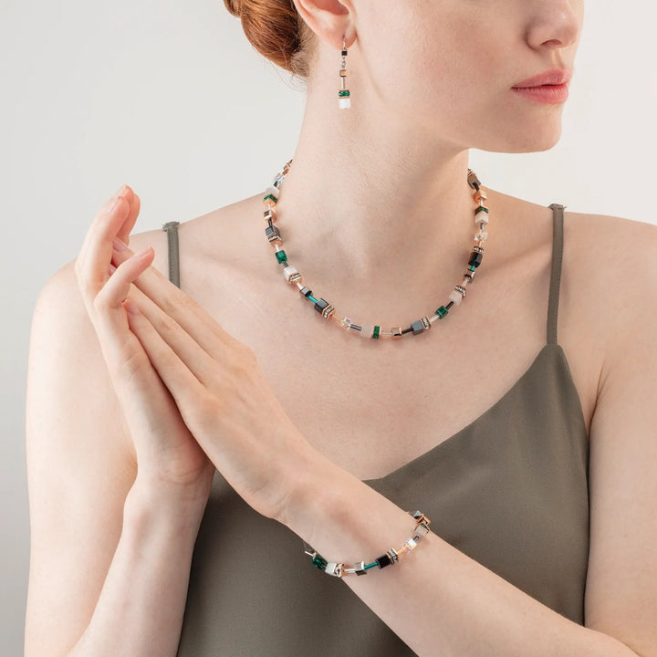 Coeur De Lion GeoCUBE Earrings - Iconic Rose Gold White and Dark Green