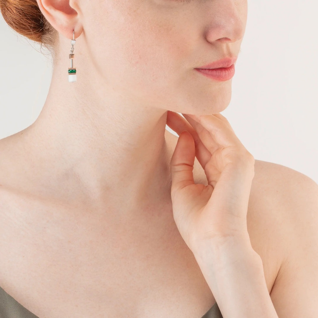 Coeur De Lion GeoCUBE Earrings - Iconic Rose Gold White and Dark Green