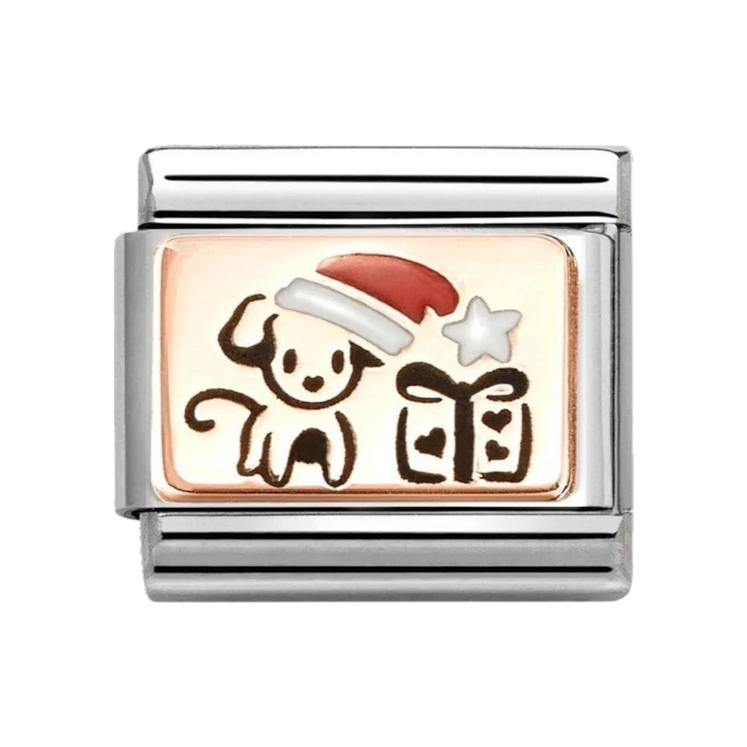 Nomination Classic Rose Gold Puppy with Santa Hat Charm. Item code 430204_07.