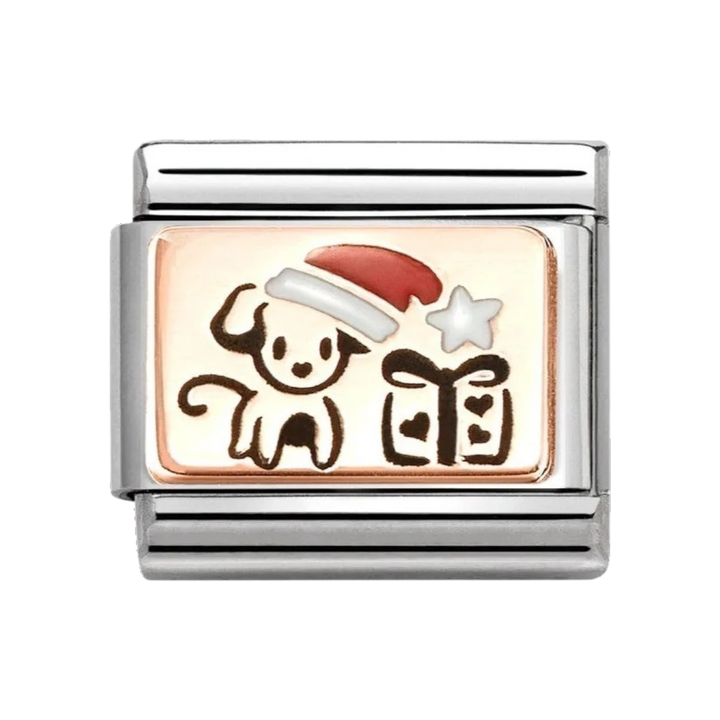 Nomination Classic Rose Gold Puppy with Santa Hat Charm. Item code 430204_07.