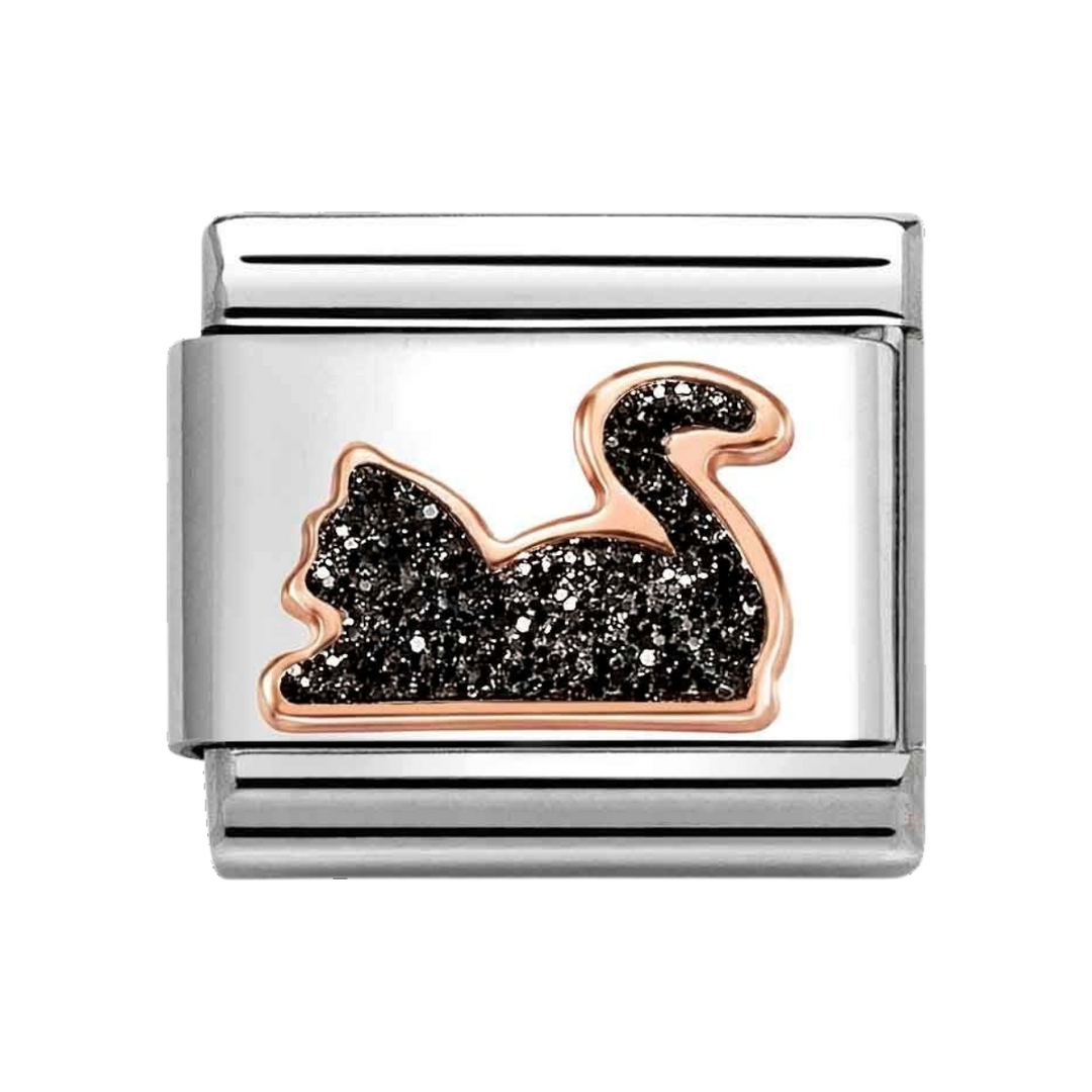 Niche Jewellery Nomination Rose Gold with Black Glitter Cat Charm