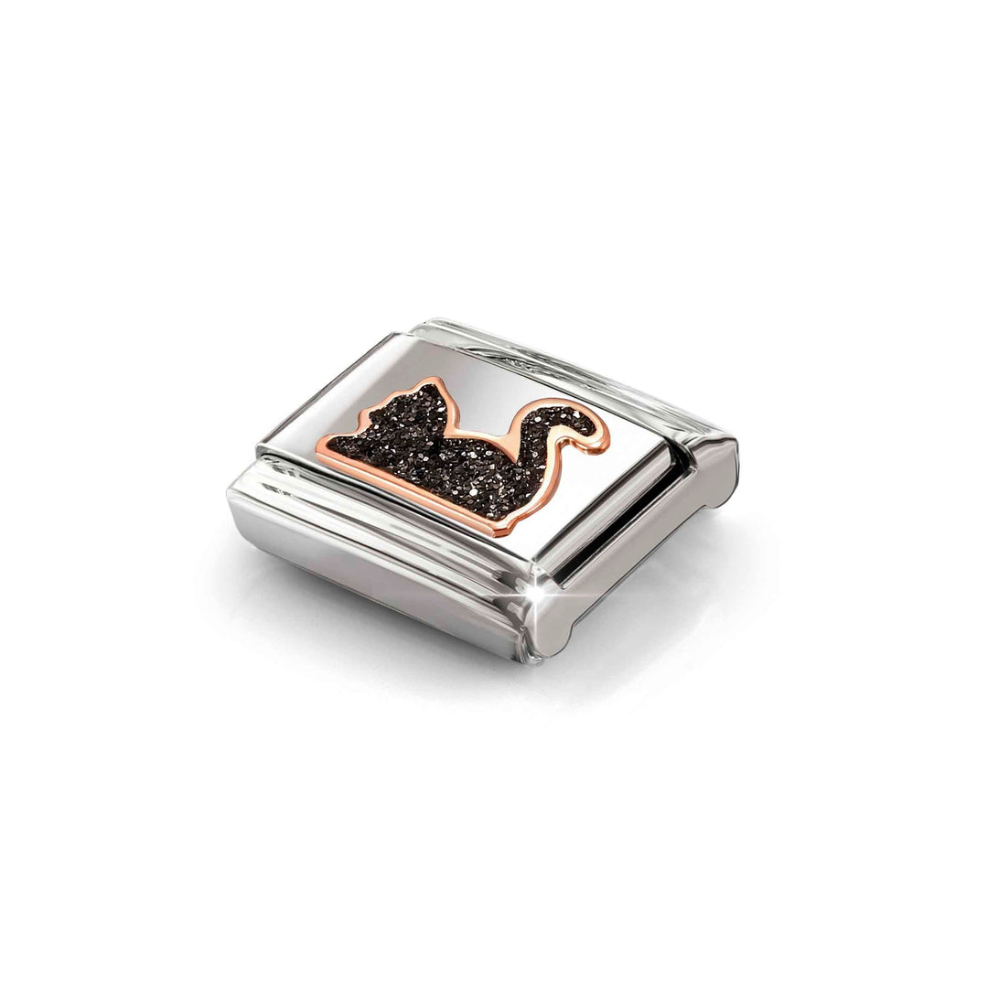 Niche Jewellery Nomination Rose Gold with Black Glitter Cat Charm detail